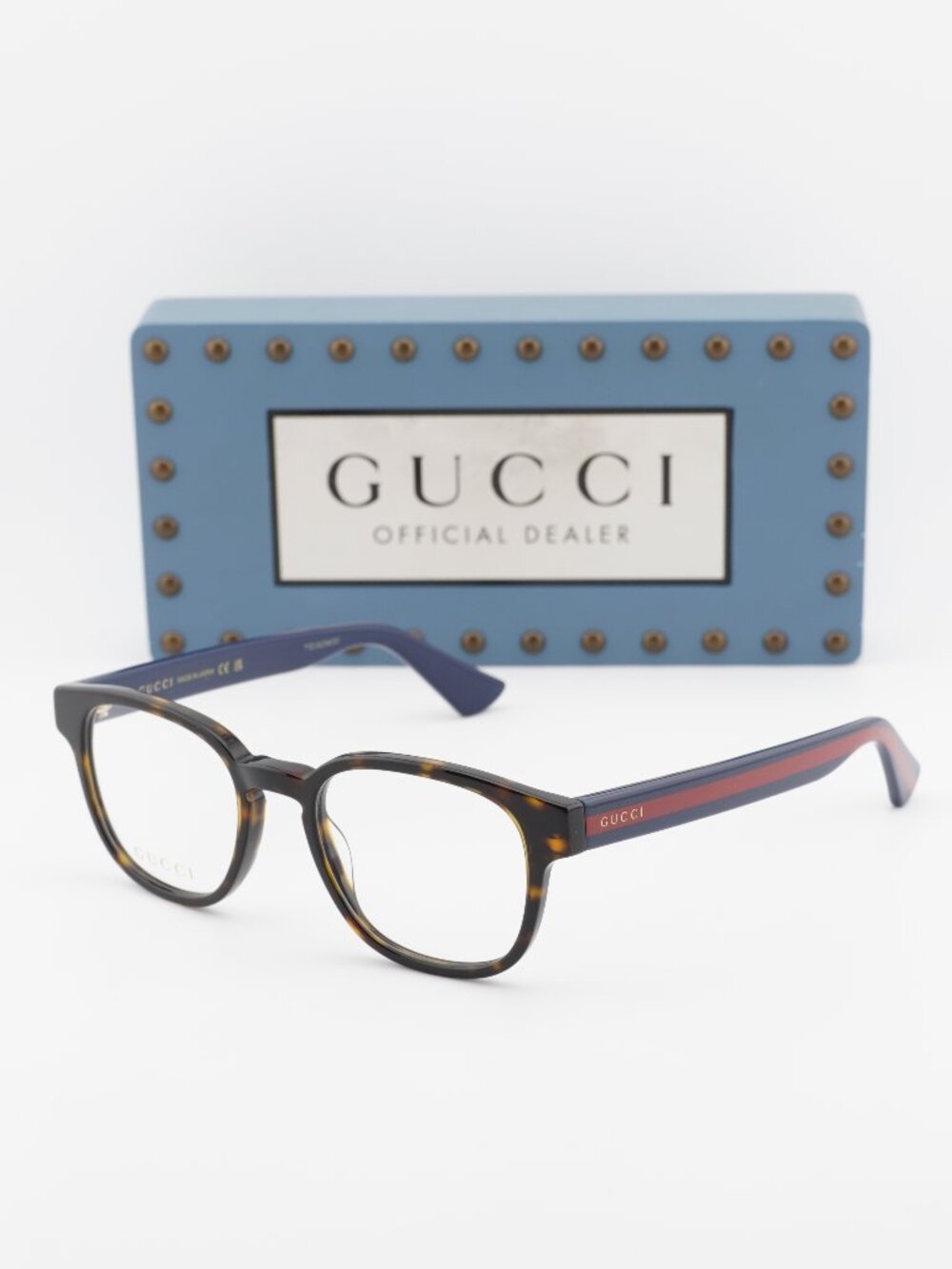 Gucci GG0927O 002 Square Eyeglasses 49mm – Dark Havana with Blue and Red Stripe